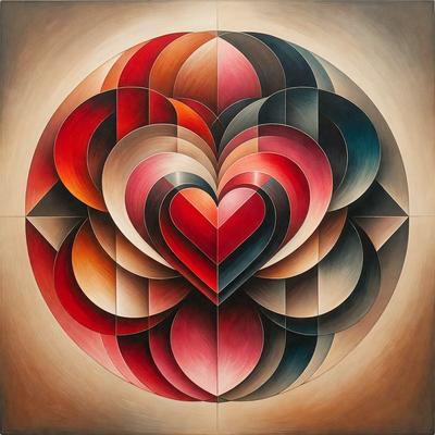 The primary subject of the image is a heart-shaped design, which is the main focus of the image. The heart is surrounded by a colorful pattern, giving the image a vibrant and lively appearance. The setting is a circular surface, which serves as the background for the heart-shaped design. The visual style of the image is a combination of digital art and illustration, creating a unique and eye-catching piece of art. The colors and mood of the image are predominantly warm and inviting,